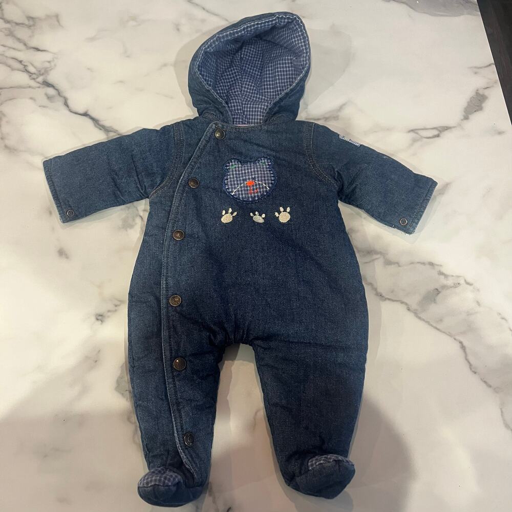 Jean Denim One-Piece Little Me Outfit Cat Embroidered Heavy Lined Size 3 months